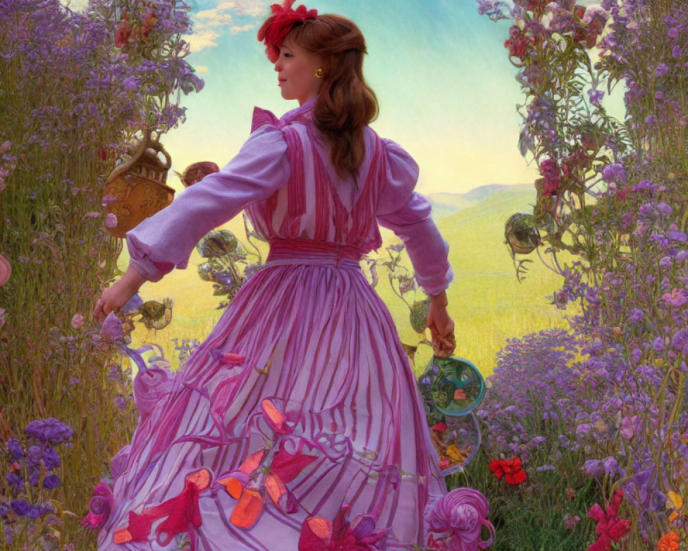 Two women in flowing dresses in vibrant, flower-filled landscape