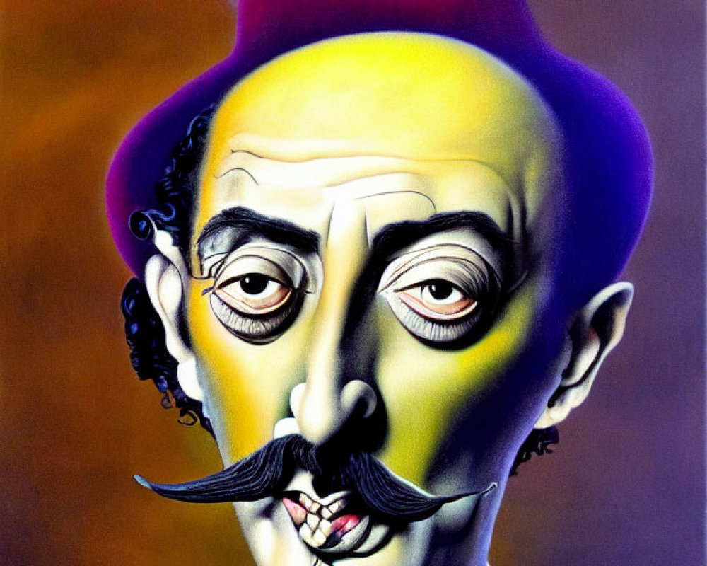 Colorful surreal portrait of male figure with exaggerated mustache and bowler hat