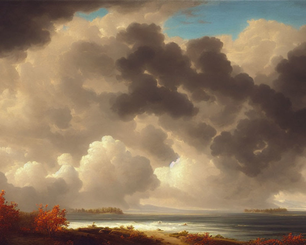 Dramatic landscape painting of cloudy sky, beach, calm waters, and autumn foliage