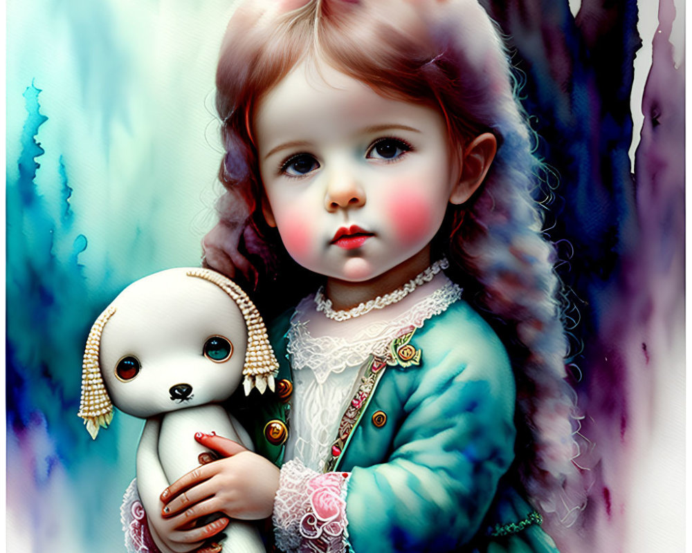 Whimsical digital illustration of young girl with plush toy