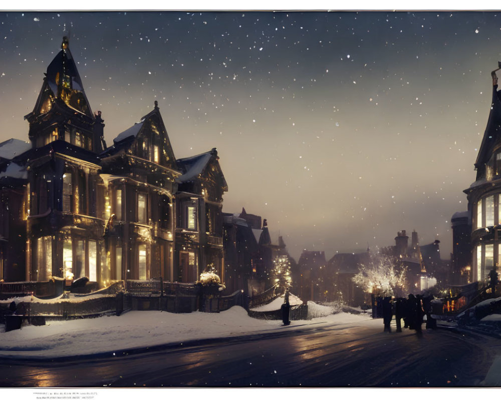 Victorian-style Houses with Holiday Lights in Snowy Night Sky