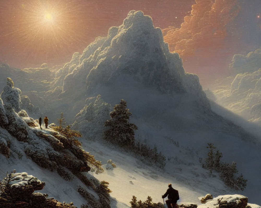 Snowy Mountain Landscape at Sunset with Sunbeams and Silhouette Viewing