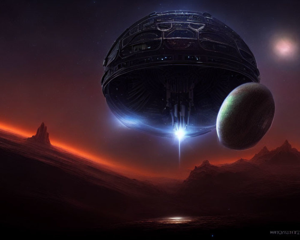 Giant spaceship emitting beam on alien landscape
