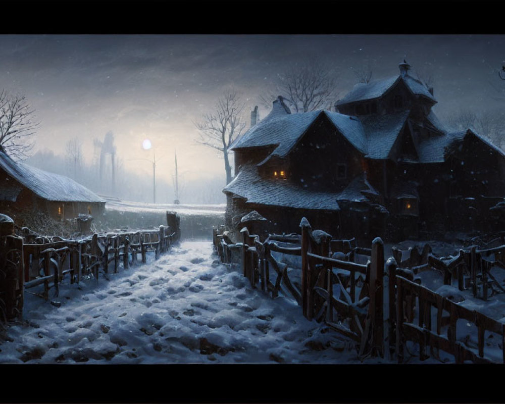 Snowy Twilight Scene: Rustic Houses, Glowing Windows, Fenced Path, Solitary Street