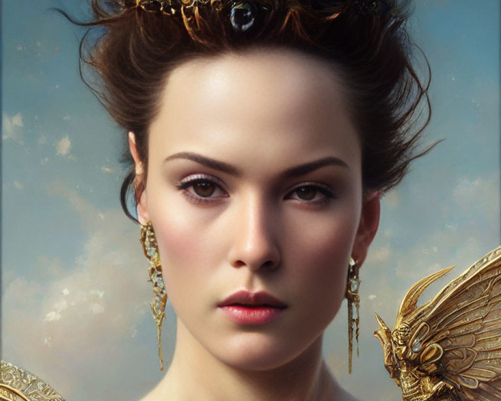 Regal woman with golden headdress against cloudy sky