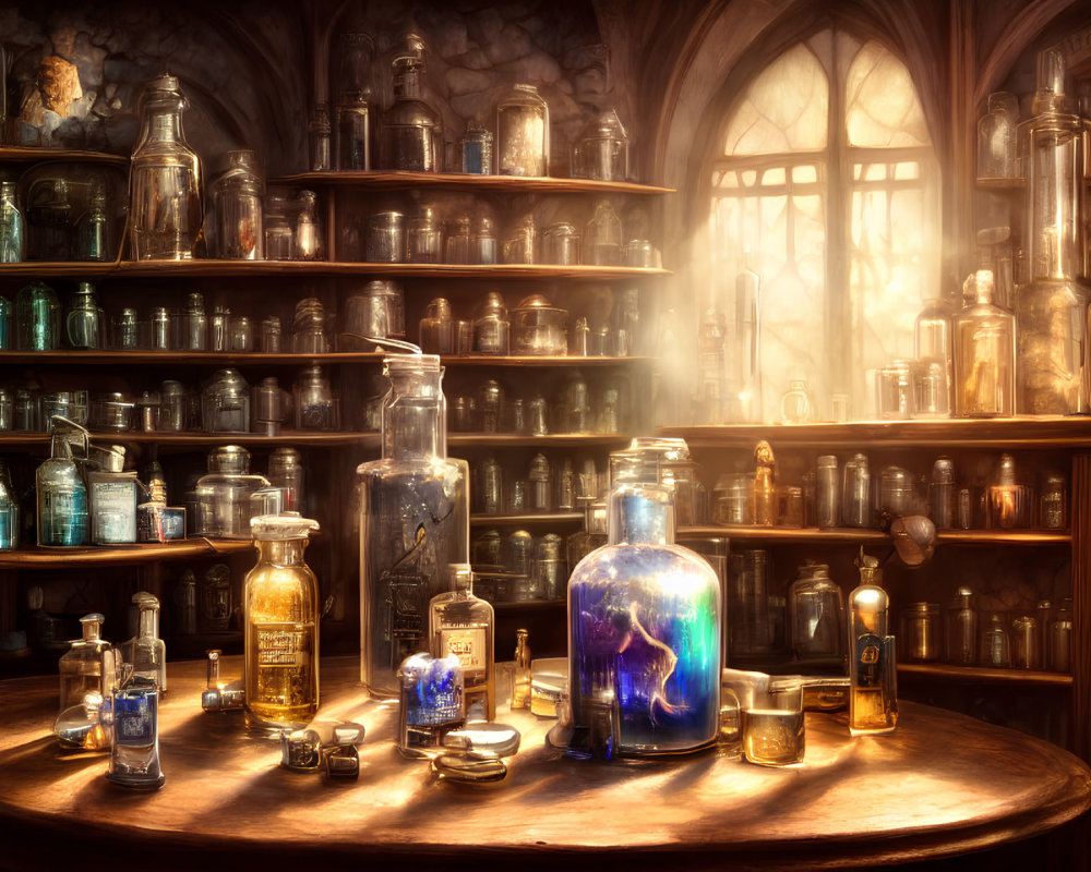 Vintage Apothecary with Illuminated Bottles and Gothic Window