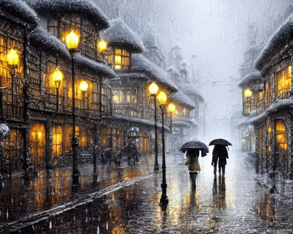 Snowfall scene: Two people with umbrellas on quaint street at twilight