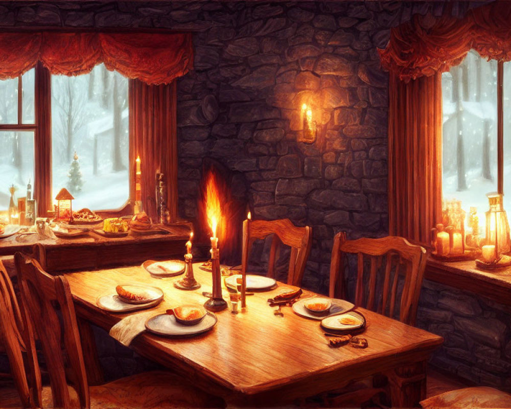Rustic candle-lit dining room with snowy view and holiday decor