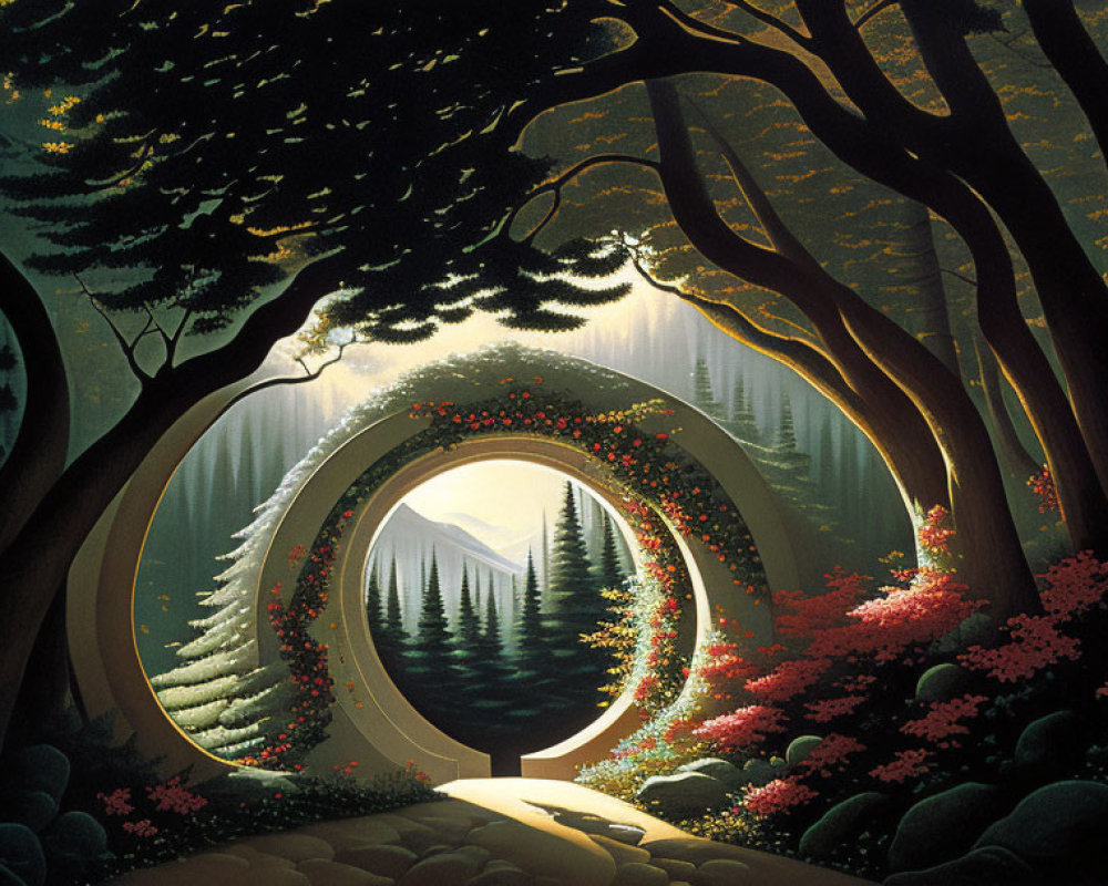 Enchanting forest scene with circular gateway and mountain view