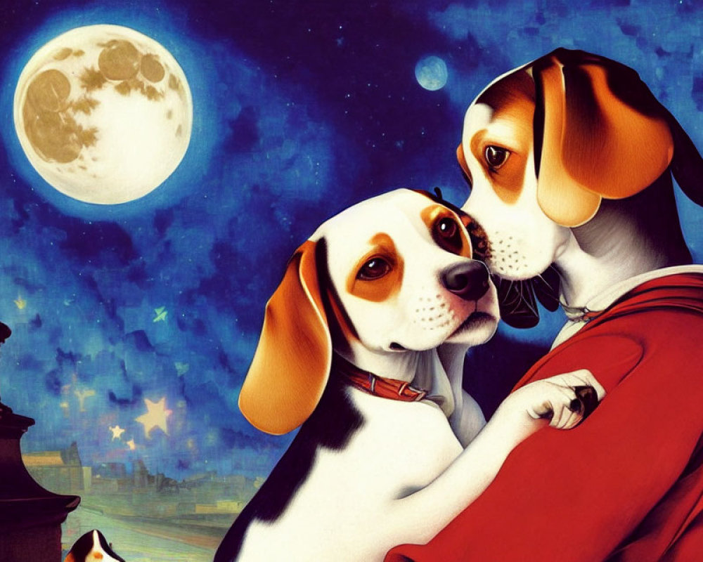 Cartoon dogs under full moon on starry night sky