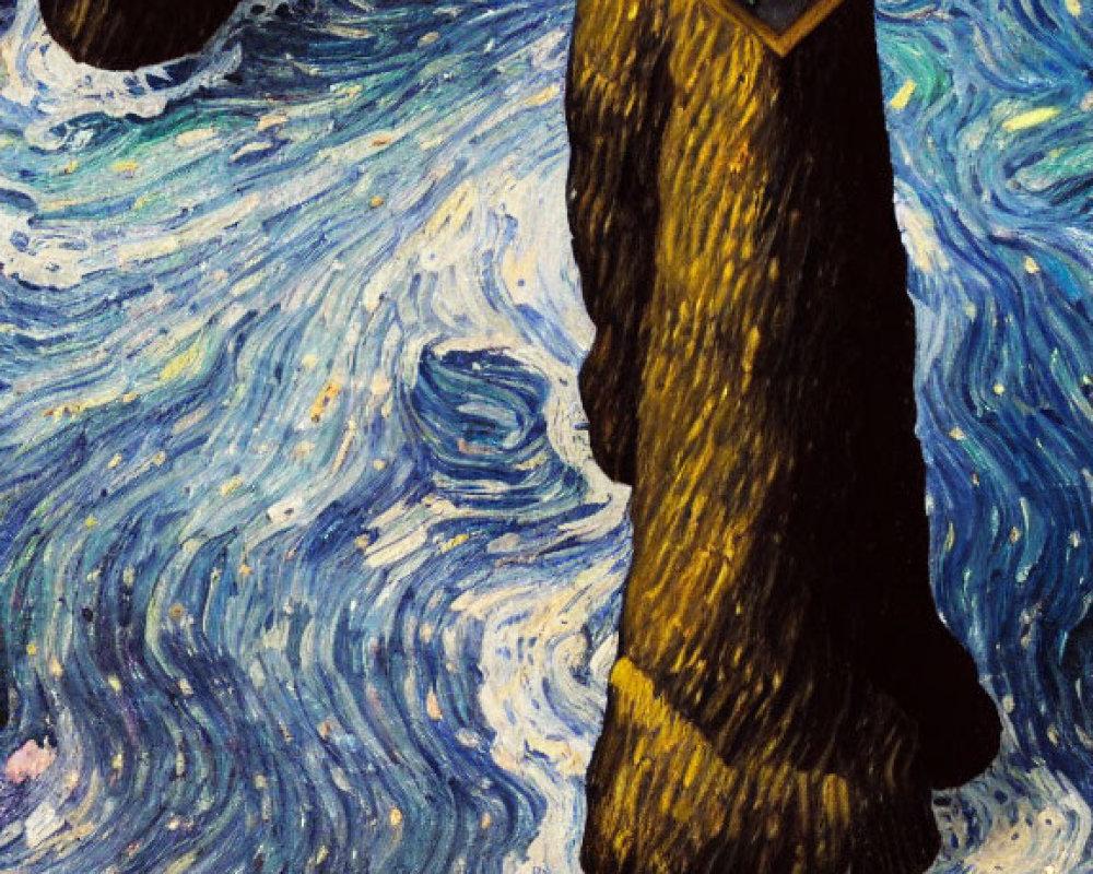 Stylized painting of lighthouse on steep cliff in swirling sea