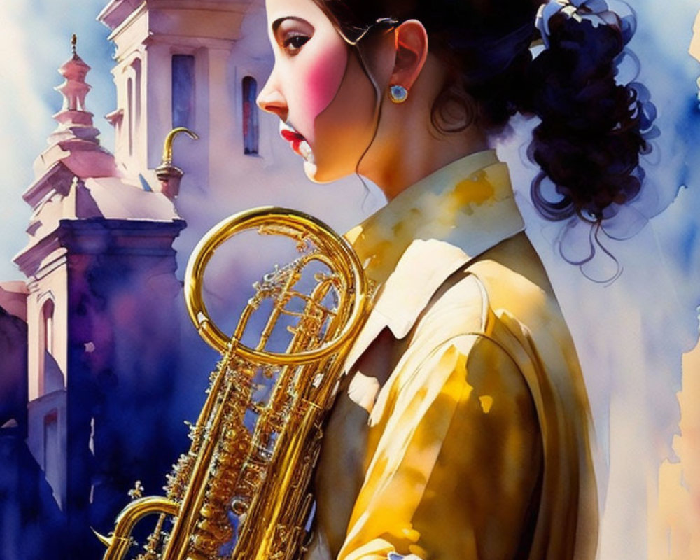 Vintage Outfit Woman Holding Saxophone with Watercolor Architecture