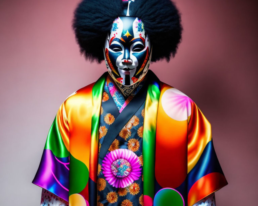 Colorful Traditional Attire and Intricate Full-Face Mask on Pink Background