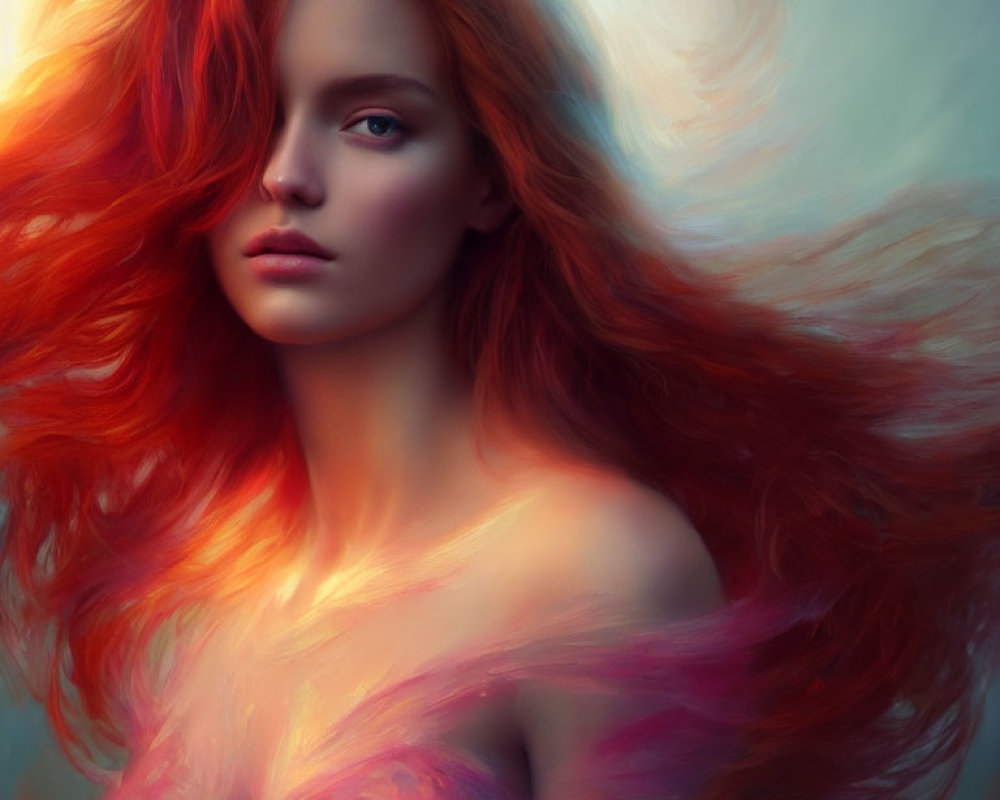 Serene person portrait with flowing red hair