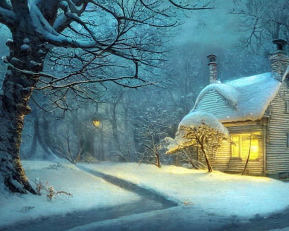 Snow-covered cottage in winter night with glowing streetlamp