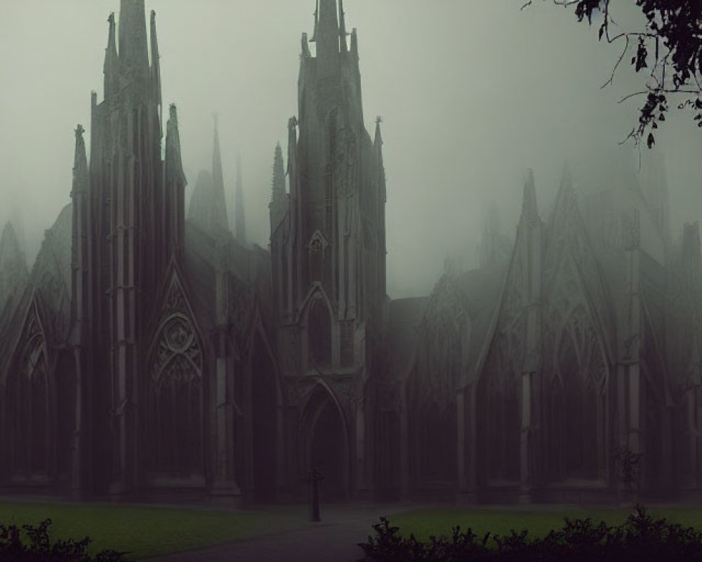 Gothic Cathedral in Dense Fog with Silhouetted Trees