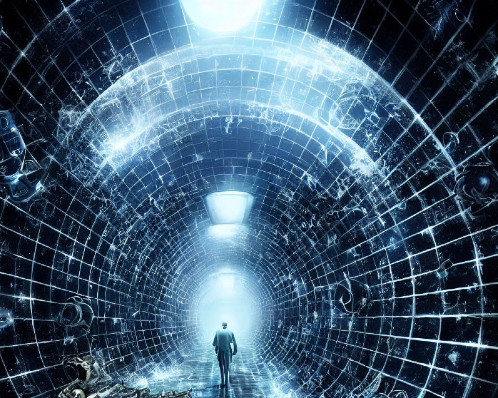 Person walking in futuristic tunnel towards bright light