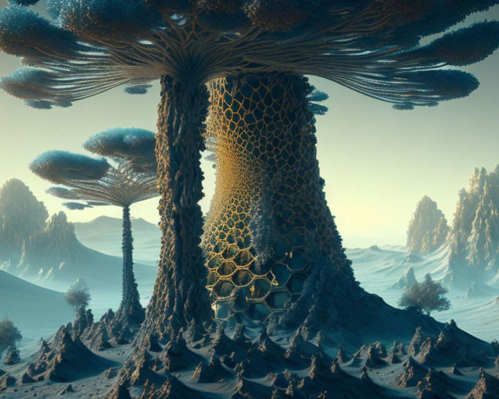 Colossal tree with honeycomb trunk in surreal landscape