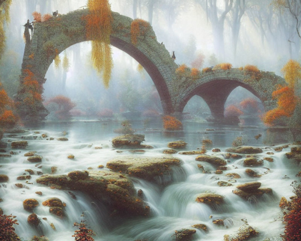 Ancient Stone Bridge Over Misty River in Enchanted Forest
