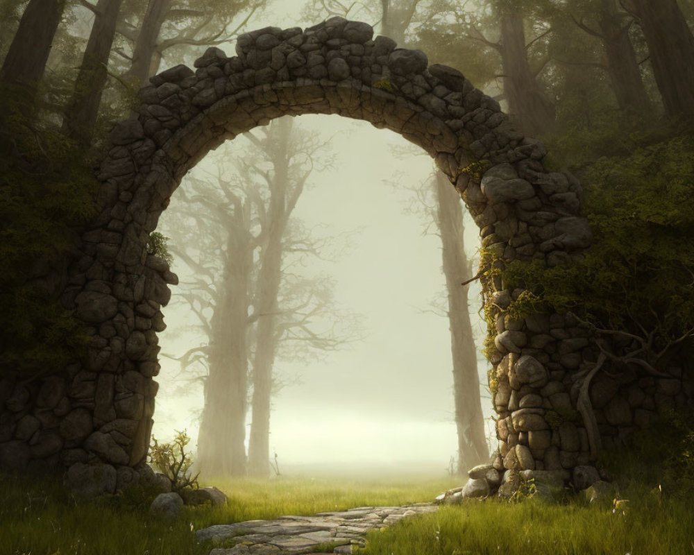 Stone arch in misty forest with cobblestone path: A mystical gateway in nature.