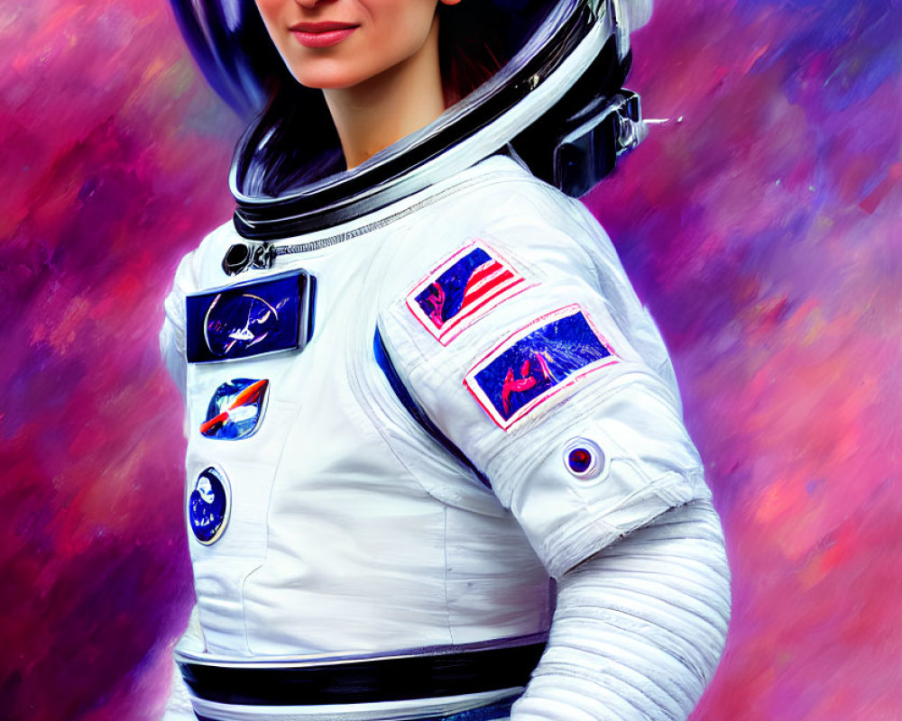 Woman in white astronaut suit against multicolored nebula background