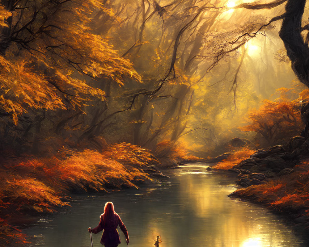 Person in red cloak by tranquil river in autumnal forest with golden leaves.