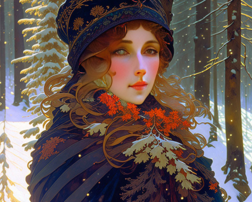 Winter-themed woman illustration with rosy cheeks, adorned hat, and cloak in snowy forest.