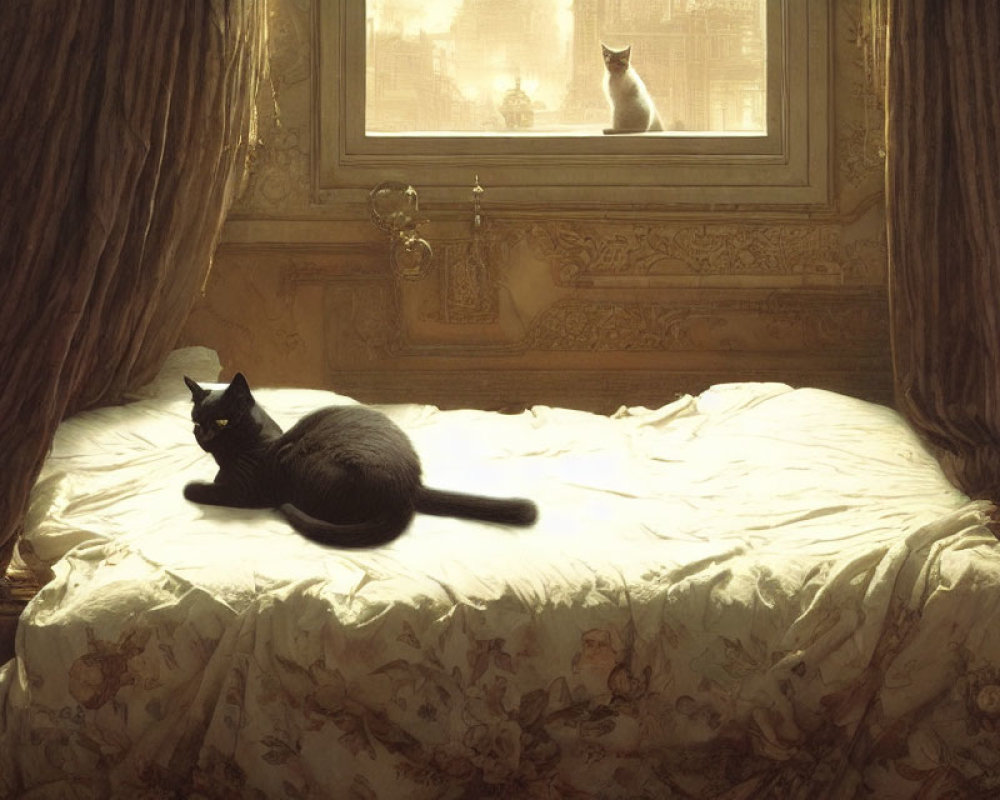 Two cats on ornate bed with warm light.