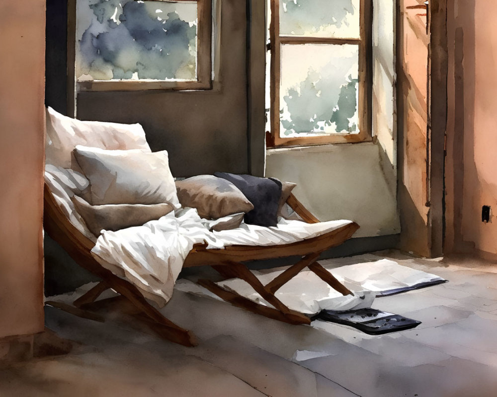 Wooden lounge chair with pillows and blanket by window and open door