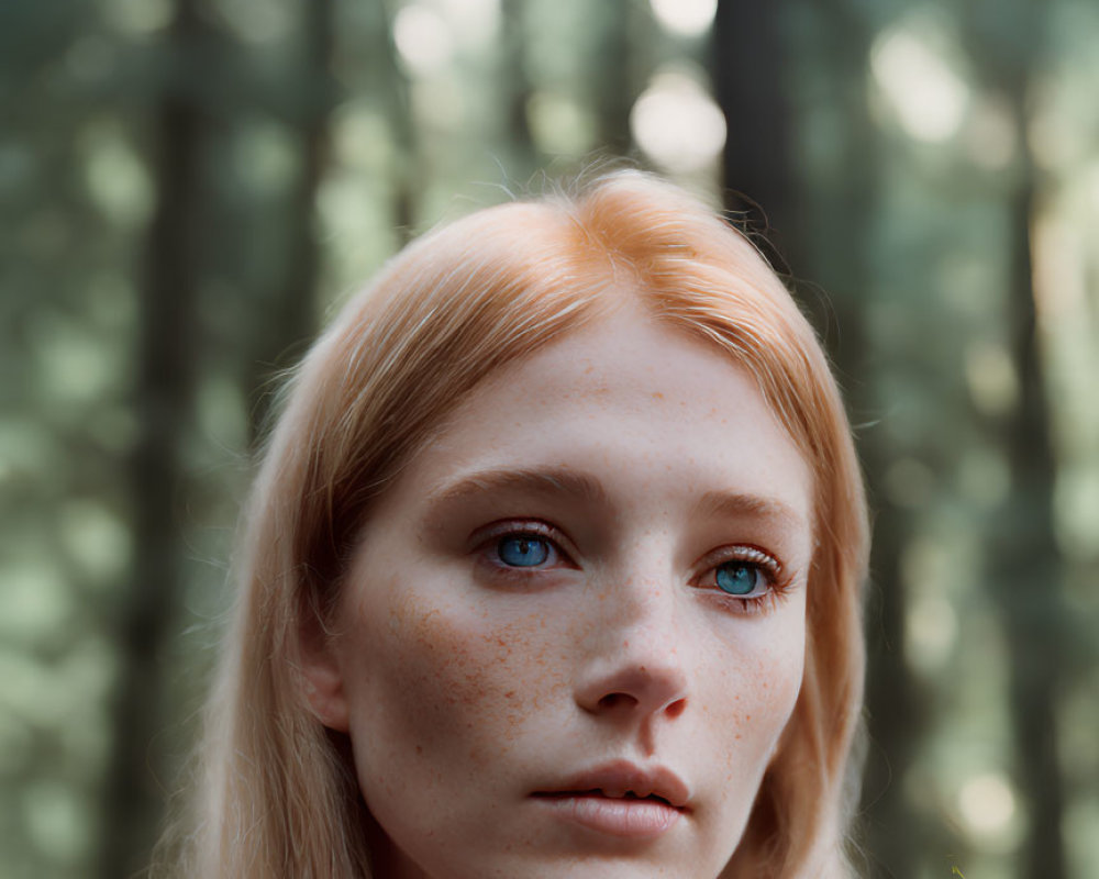 Red-haired woman with blue eyes and freckles gazing contemplatively in forest setting