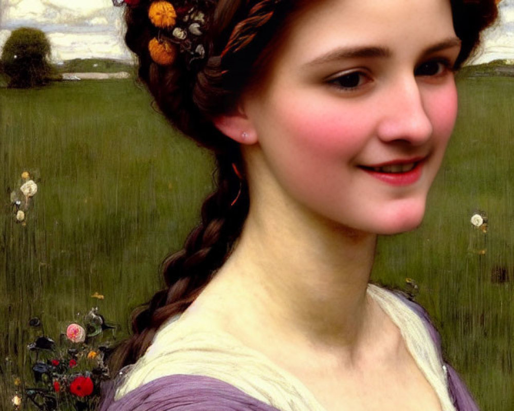 Portrait of young woman with floral wreath and braided hairstyle in pastoral setting