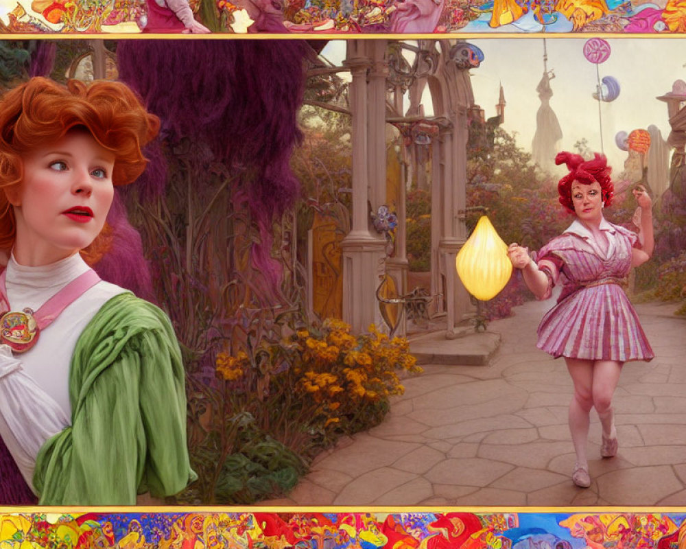 Two Red-Haired Women in Colorful Costumes Amid Fantastical Garden