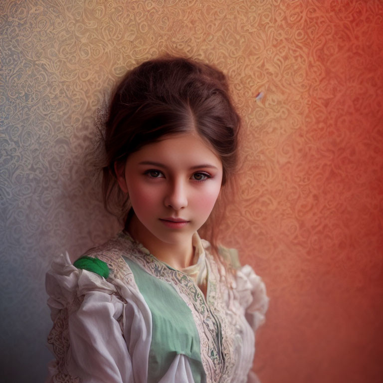 Young girl with wavy hair in vintage dress against gradient background
