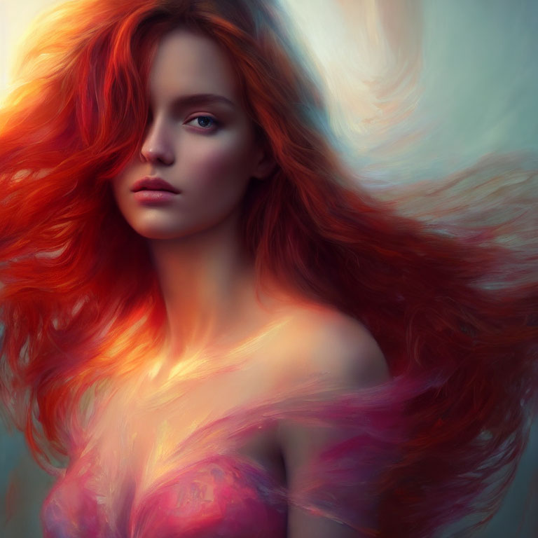 Serene person portrait with flowing red hair