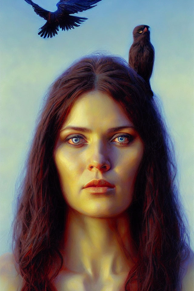 Woman with Blue Eyes and Bird in Painting
