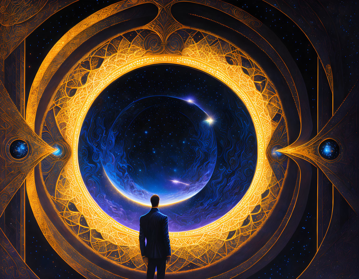 Person gazes at colossal ornate circular portal with swirling cosmos and celestial bodies framed by golden patterns.