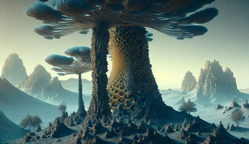 Colossal tree with honeycomb trunk in surreal landscape