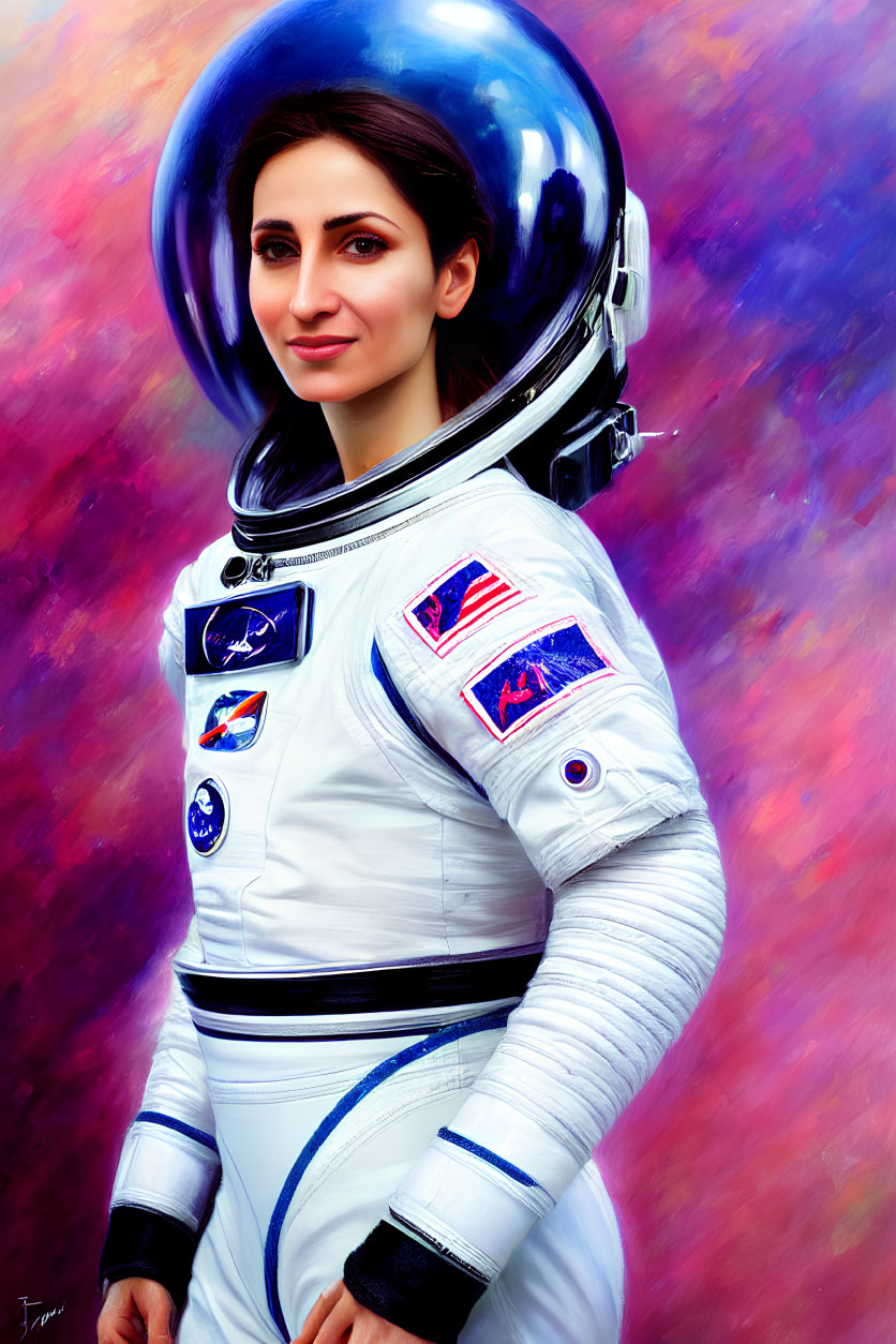 Woman in white astronaut suit against multicolored nebula background