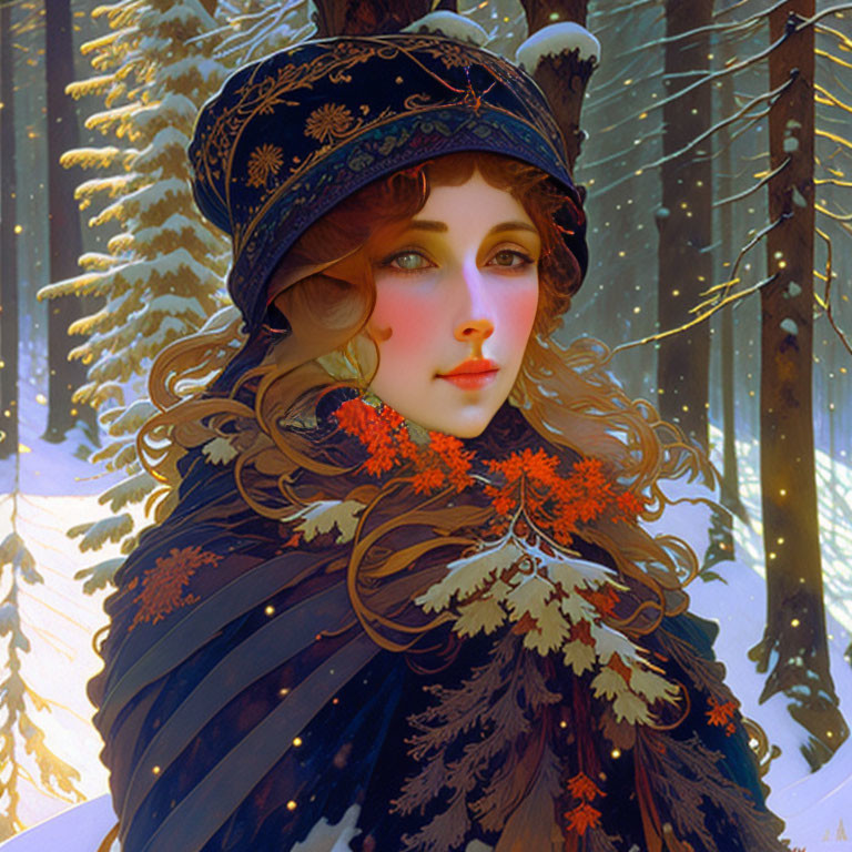 Winter-themed woman illustration with rosy cheeks, adorned hat, and cloak in snowy forest.