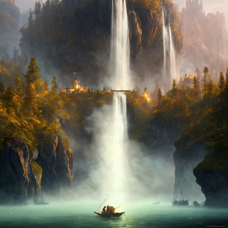 Majestic waterfall cascading by castle and boats in misty landscape