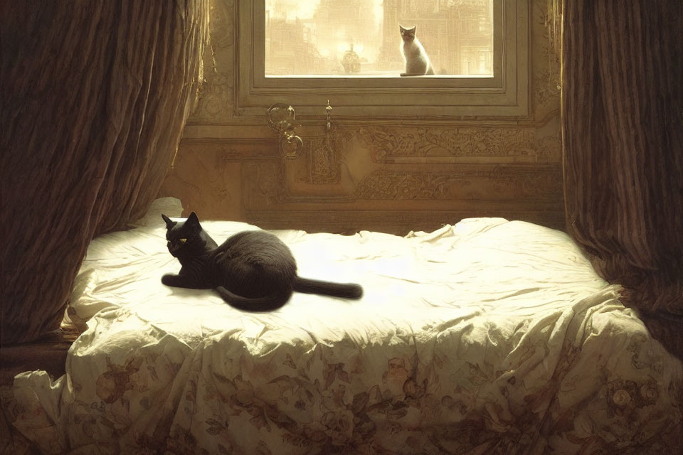 Two cats on ornate bed with warm light.