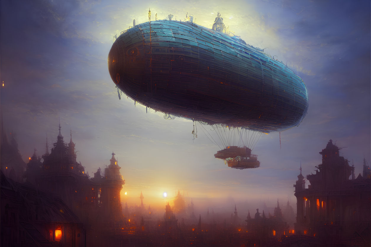Fantastical cityscape at sunset with airships above glowing buildings