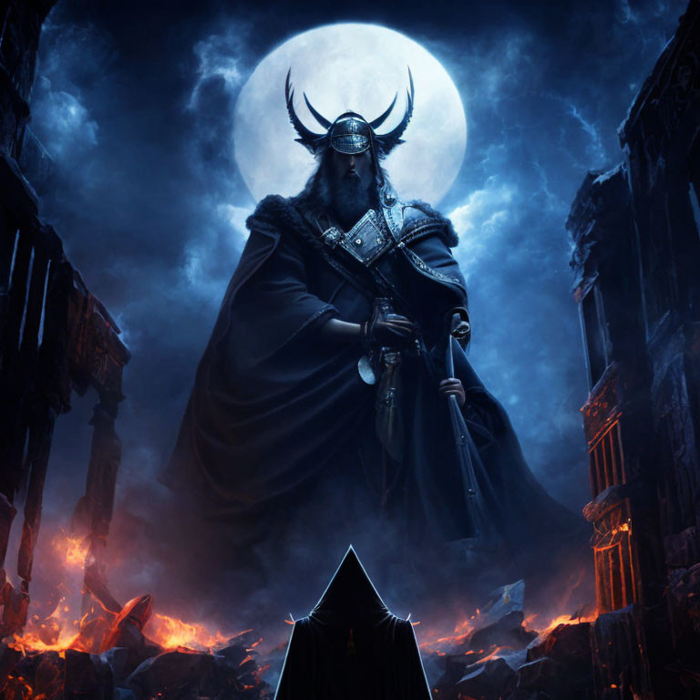 Dark figure in horned helmet under full moon with glowing embers and ruins