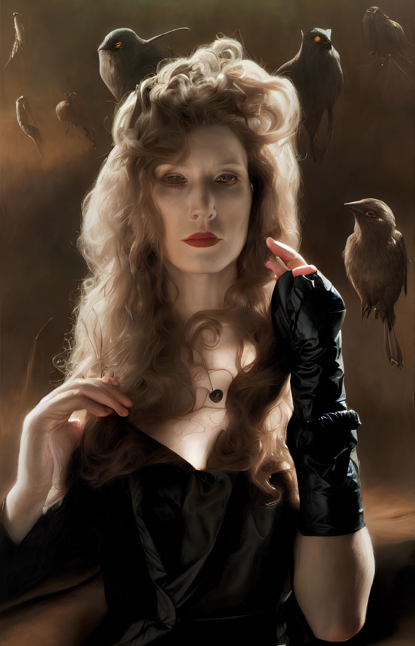 Woman with wavy hair and birds in black outfit and gloves
