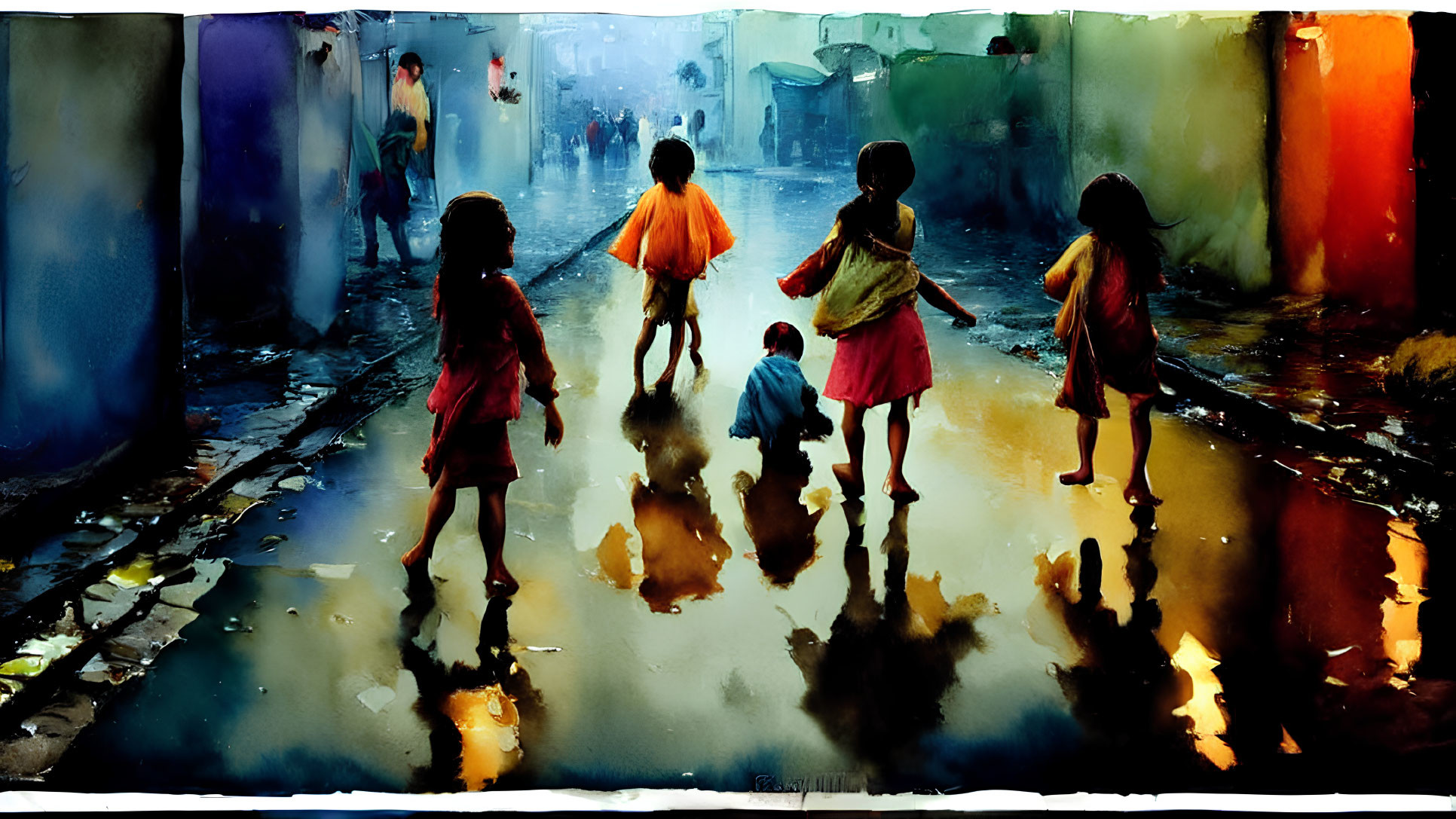Vibrant street scene: children playing in colorful puddle under rainy sky