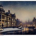 Victorian-style Houses with Holiday Lights in Snowy Night Sky