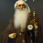 Elderly man in ornate clothing with clock and gears staff