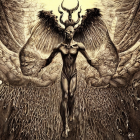 Detailed digital artwork of armored figure with wings and horned helmet against ornamental background.
