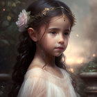 Digital painting of young girl with floral headband and sparkling dress on twilight beach