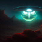 Glowing UFO hovers over futuristic forest scene